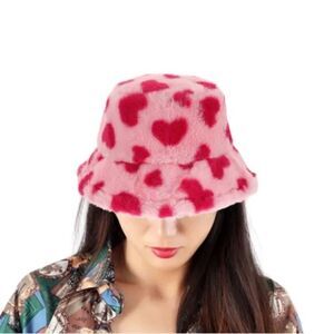 Pink Heart Fuzzy Bucket Hat